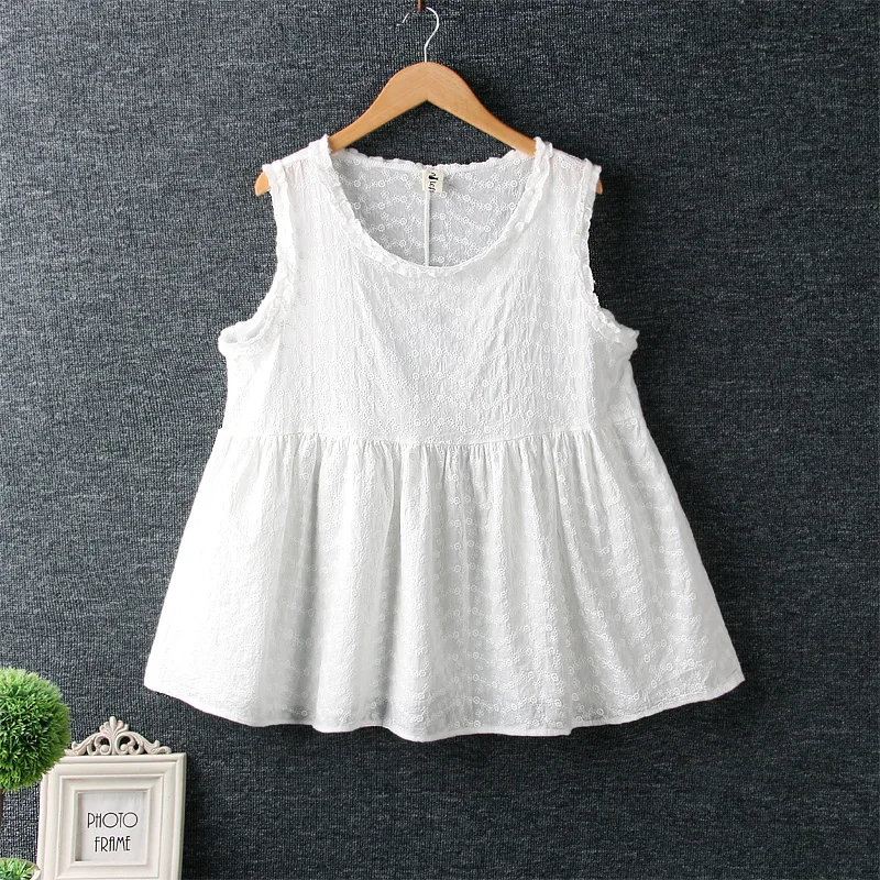 New Summer Mori Girl Lace Embroidery Loose Bottoming Vest O-Neck Sleeveless Literary Vintage Cotton Tank Tops Women