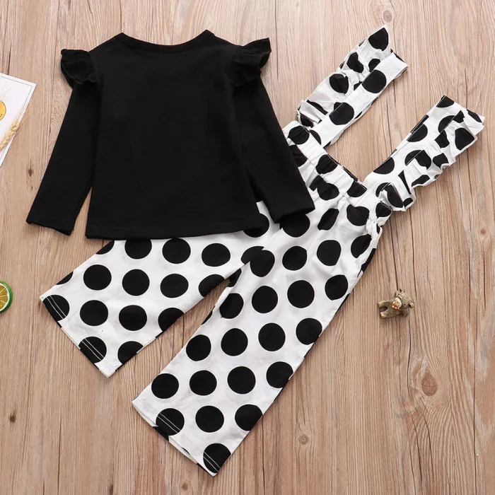 New Children Girl Long Sleeve Round Collar Top with Dot Jumpsuit for Autumn Party