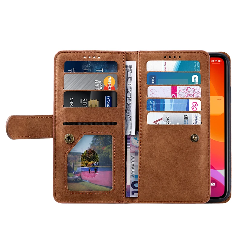 New 9 Cards Zipper Flip Leather Case For iPhone 13 12 Pro Max 11 Pro SE 2020 10 X 6 6s 7 8 Plus XR XS Max Wallet Book Phone Case phone carrying case