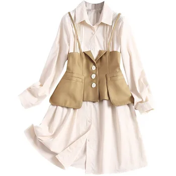 

Women Two Piece Set Dress Long Sleeve Single-breasted Shirt Dresses with Slim Vest Female Suit Casual Clothes 2020