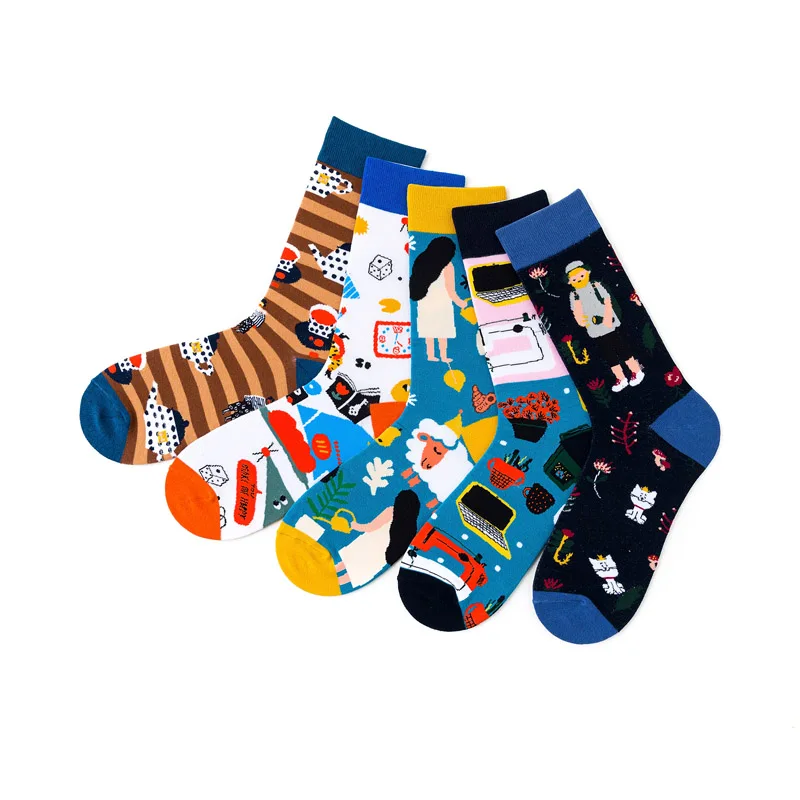 New Happy Mens Socks Women Cartoon Girls Print Combed Cotton Funny Crew Sock Skateboard Cycling Running Wedding Christmas Gifts