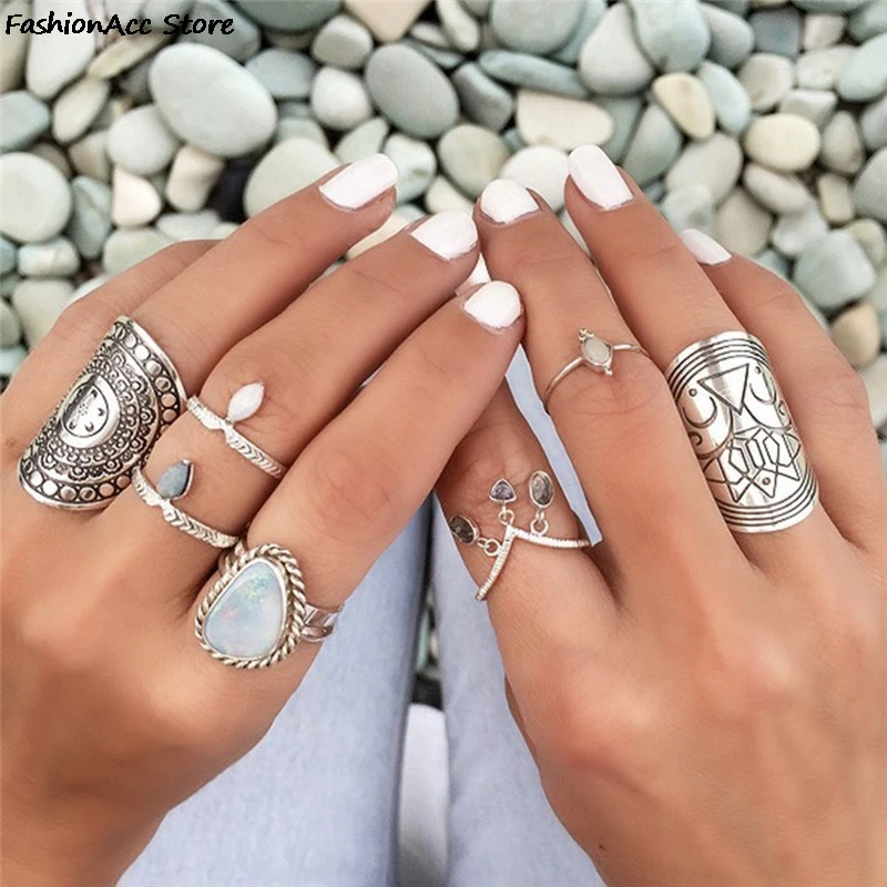 Unique Carving Tibetan New Plated Bohemia Ring Set 4Pcs/set for Woman Punk Boho Vintage Jewelry ring set