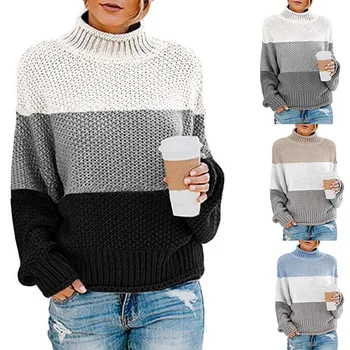 

Z 2019 Winter Sweater Women Tops Casual Long Sleeve Turtleneck Stripe Splicing Knit Pullover Sweater Jumper Sweater jersey mujer