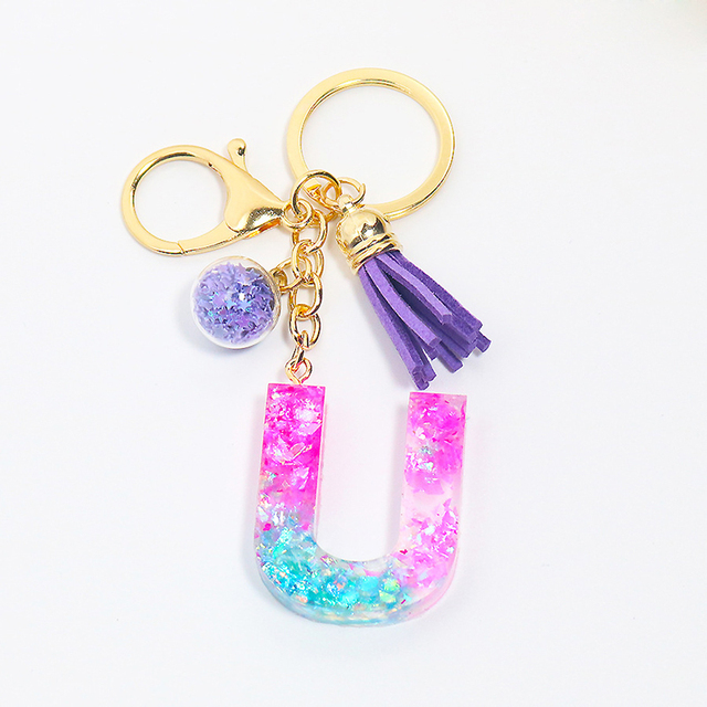 Creative Letter Alphabet Crystal Arylic Liquid Keychain Women Key Chains Ring Car Bag Tassels Pendent Charm Gift Accessory
