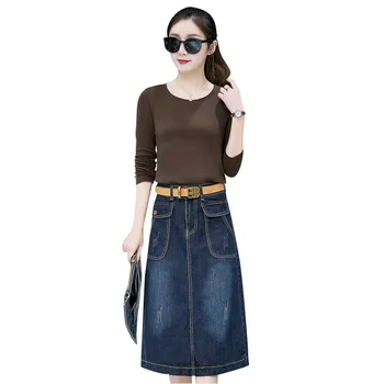 

Large Size skirt New Korean-style High Waist Elastic Half-length Skirt Slim Mid-length Denim Skirt Women's Fashion A-line Solid
