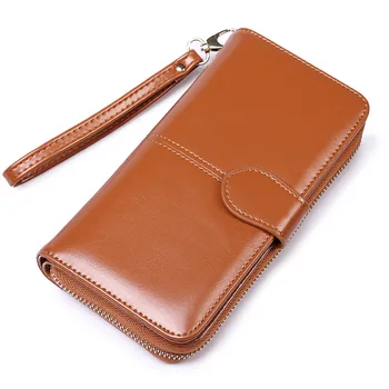 

New Style WOMEN'S Wallet Oil Wax Leather Retro Long Wallet Large Capacity Clutch Multi-functional Mobile Phone Bag