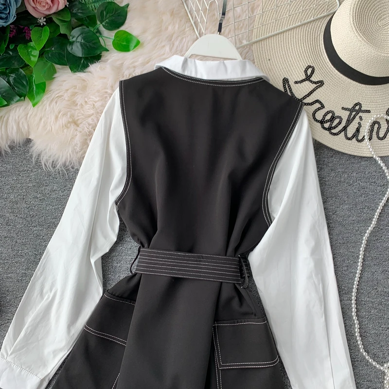 Korobov корейский Полосатый винтажный пояс куртка со шнуровкой и длинным отложным воротником платье комплект из 2 предметов элегантные OL женские костюмы 78895
