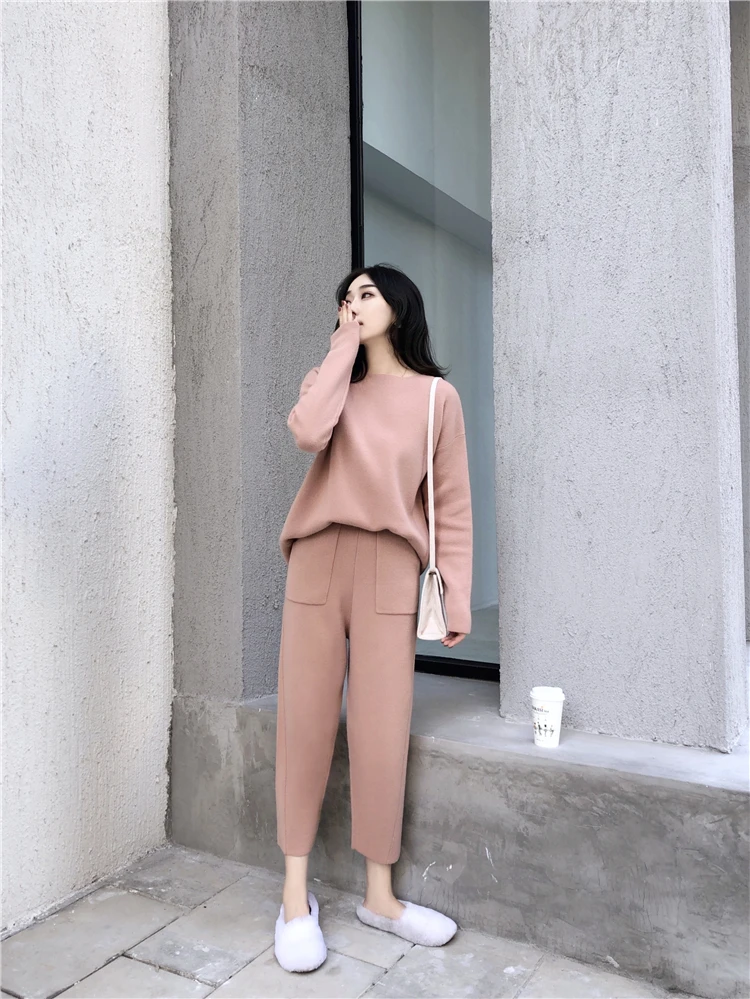 Autumn Winter Knitted Sweatshirts Tracksuit Women Cashmere Clothing 2 Piece Set Thick Warm O-neck Sweater+Ankle-Length Pant Suit