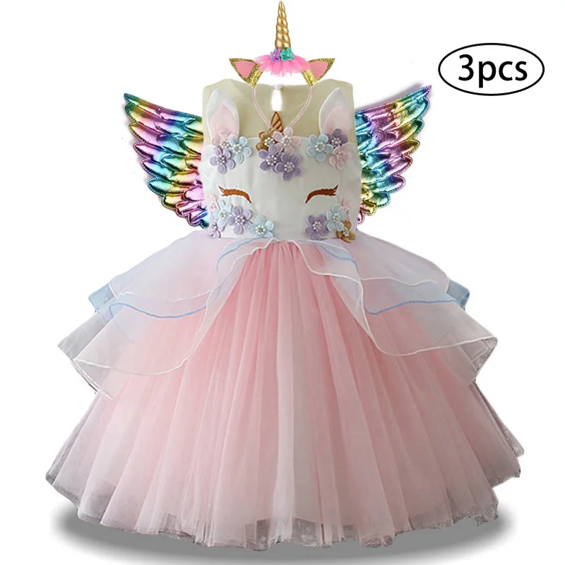Rainbow Unicorn Dress For Girls Easter Elsa Costume Princess Dress 3Pcs Kids Baby Girls Clothes Birthday