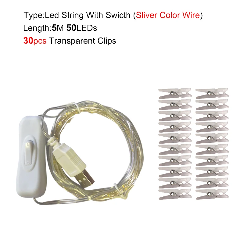Stwich 5M 50LED 2 м/5 м/10 м USB светодиодный светильник, наружная гирлянда для фото, Настенный декор, сказочный светильник с зажимами, с цепочкой, на батарейках, Рождественский светильник s - Испускаемый цвет: Stwich 5M 50LED