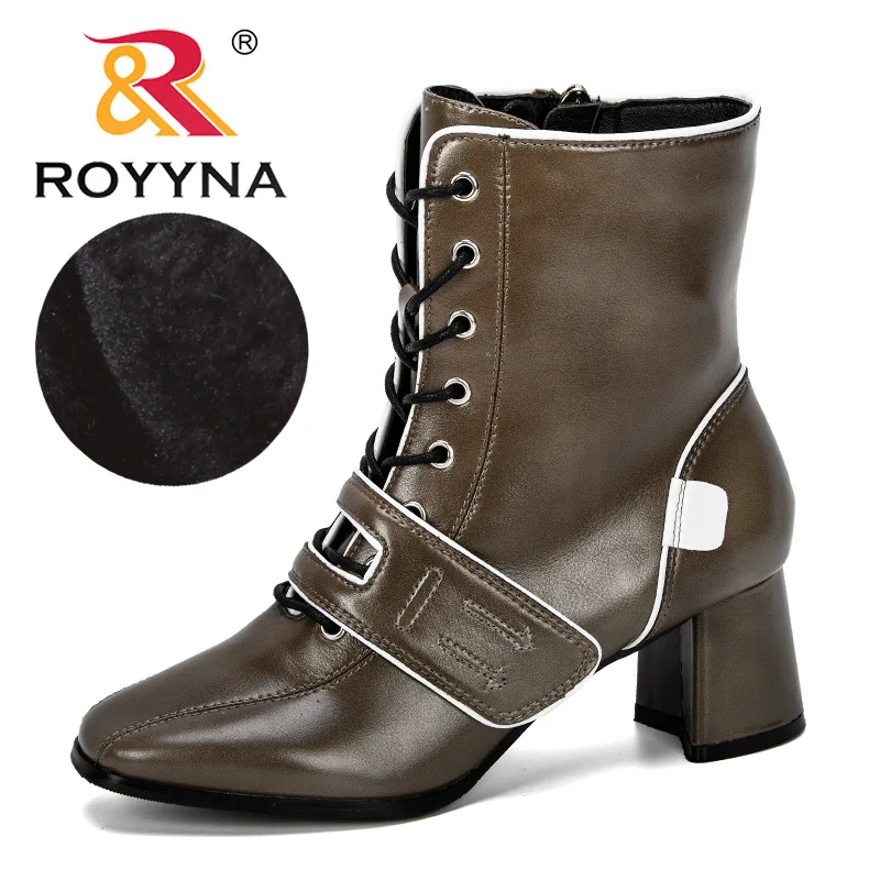 ROYYNA/ г. Новые дизайнерские Популярные стильные ботинки до середины икры женские зимние модные удобные ботинки на молнии с круглым носком на высоком каблуке - Цвет: Gray