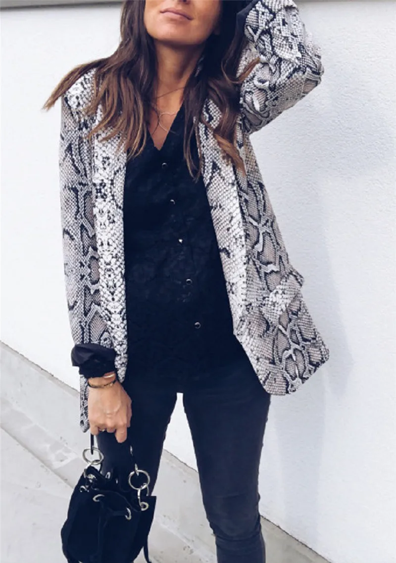 Fashion Women Slim OL Suit Casual Python Blazers Snake Skin Print Long Sleeve Jacket Coat Tops Blazers Fall Pocket Outwear