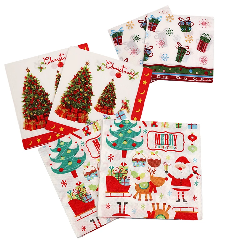 

20pcs 33*33cm Christmas Paper Napkins Christmas Snowflake Santa Printed Disposable Tableware Tissue For New Year Xmas Home Decor