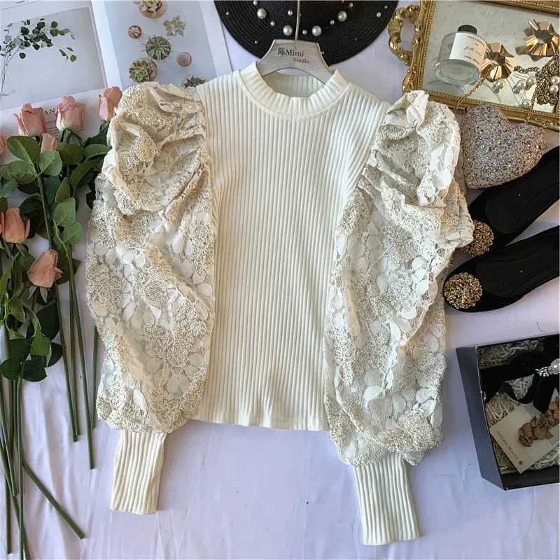 

Embossed Flower Lace Embroidered Puff Sleeve Panel Knitted Top Women Temperament Knitting Blouse Blusas Female Ladies Body Shirt