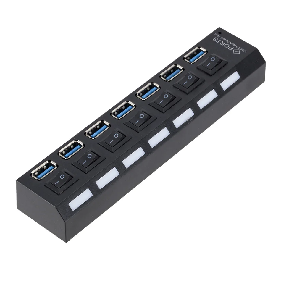 7-Port USB 3.0 Hub with Power Adapter and Individual Switches