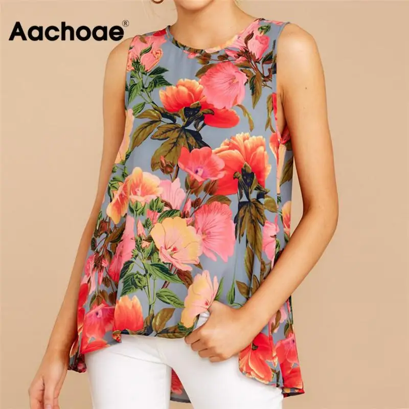 Женские блузки 2019 Лето Бохо с цветочным принтом Блузка Сексуальная без рукавов