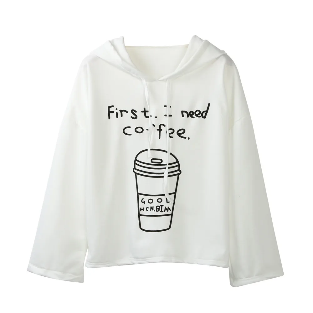 

Hooded Sweatshirt For Women Long Sleeve Gray Letter Print Cute Pullover First I Need Coffee Print Sweatshirt New