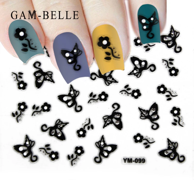 GAM-BELLE 1 шт. черно-белые цветочные наклейки для дизайна ногтей слайдер Цветочная