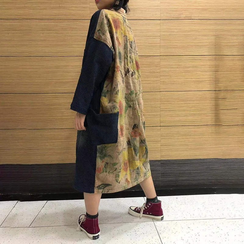 

March Spring And Autumn Korean-style Vintage Printed Joint Cowboy Washing Retro Crew Neck Cardigan Large Size Coat Women's