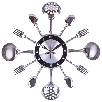 

Stainless Steel and Fork Wall Clock Metal Knife and Fork Spoon Wall Clock Silent Scanning Tableware Platter Wall Clock