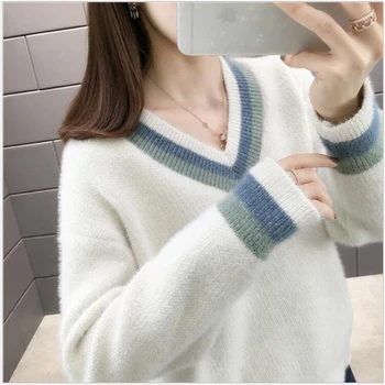 

Autumn Long Sleeve Jumper Winter Fashion Striped Knitted Pullover Women Casual Sexy V Neck Sweater Femme Knitwear Pull F107