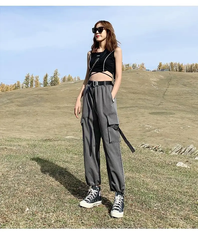 

Pants Women Cargo Trouser Bandage Boyfriend Unisex Elastic Waistband Chic Fashion Street Stylish Summer Casual Jogging All-match