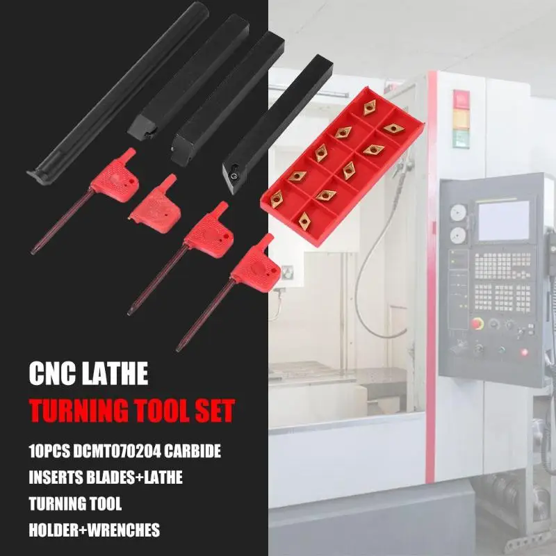 10pcs DCMT070204 Carbide Inserts Blades+ 4Pcs 12mm Straight Shank Boring Bar CNC Lathe Turning Tool Holder+ 4pcs Wrenches