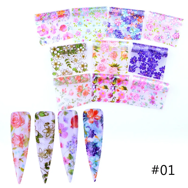 10 шт красочные наклейки с цветами на пленка для ногтей Передача звездное небо летние ползунки для маникюра дизайн ногтей наклейки на ногти украшения - Цвет: 01