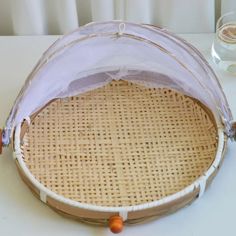 Round Hand-Woven Food Covers Dustproof Mesh Food Storage Basket Food Umbrella Container Food Dish Grid Cover Table Kitchen Tools