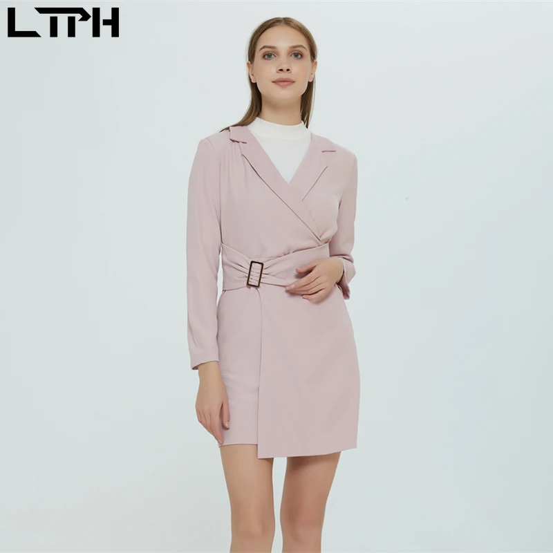 Ltph2019осень Горячая Распродажа продукт женское платье корейский Офис леди темперамент талии складки полный рукав трапециевидной формы Сплошной Костюм платья