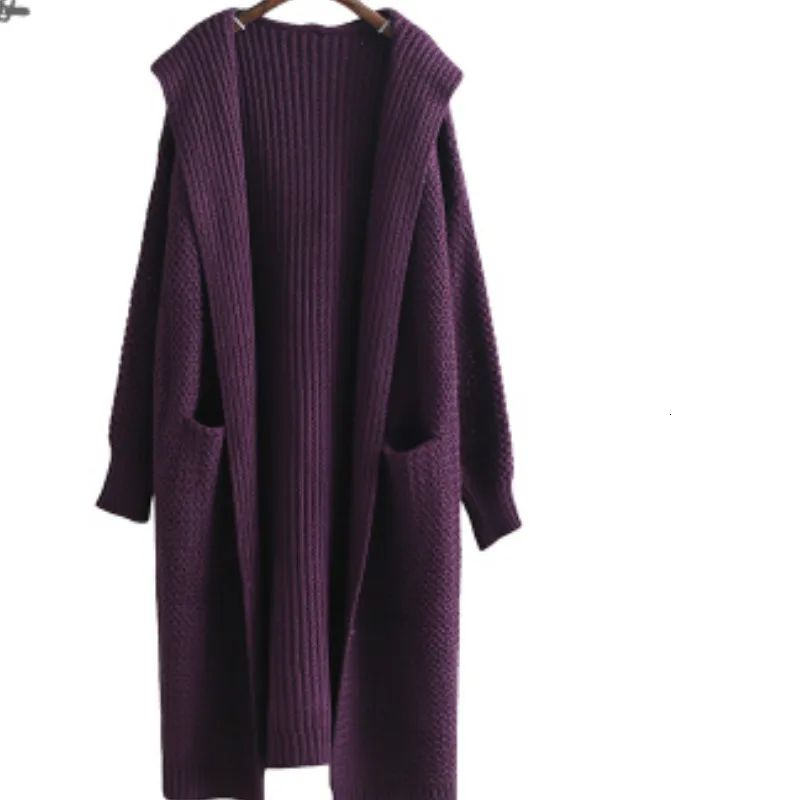 hat Retro Hooded Oversized Knit Women Tops Sweater Cardigans Autumn Winter Sweaters Cardigan Knitted Loose Long Coat LB005 - Цвет: purple