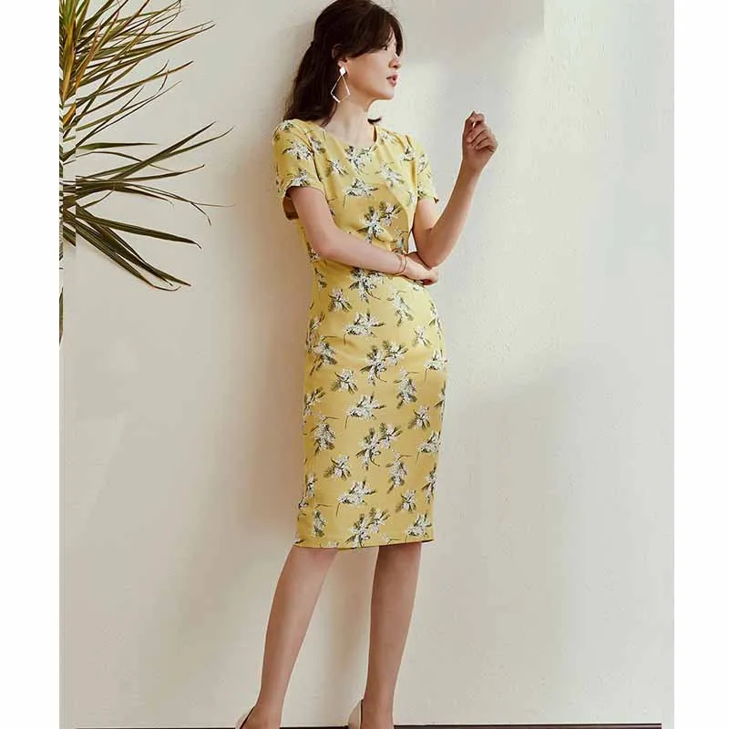

Elegant Floral Printed Dress Women's 2019 Summer Wear New Style Smart Floral Slim Fit Short Sleeve Medium-length Dress