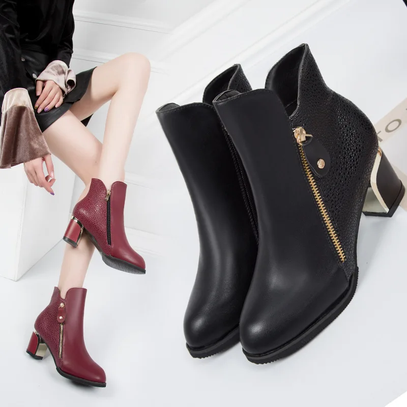 

35-432019 Autumn And Winter Chunky-Heel WOMEN'S Boots Versatile Slimming Side Zipper Pointed High-Heel Martin Boots WOMEN'S Shoe