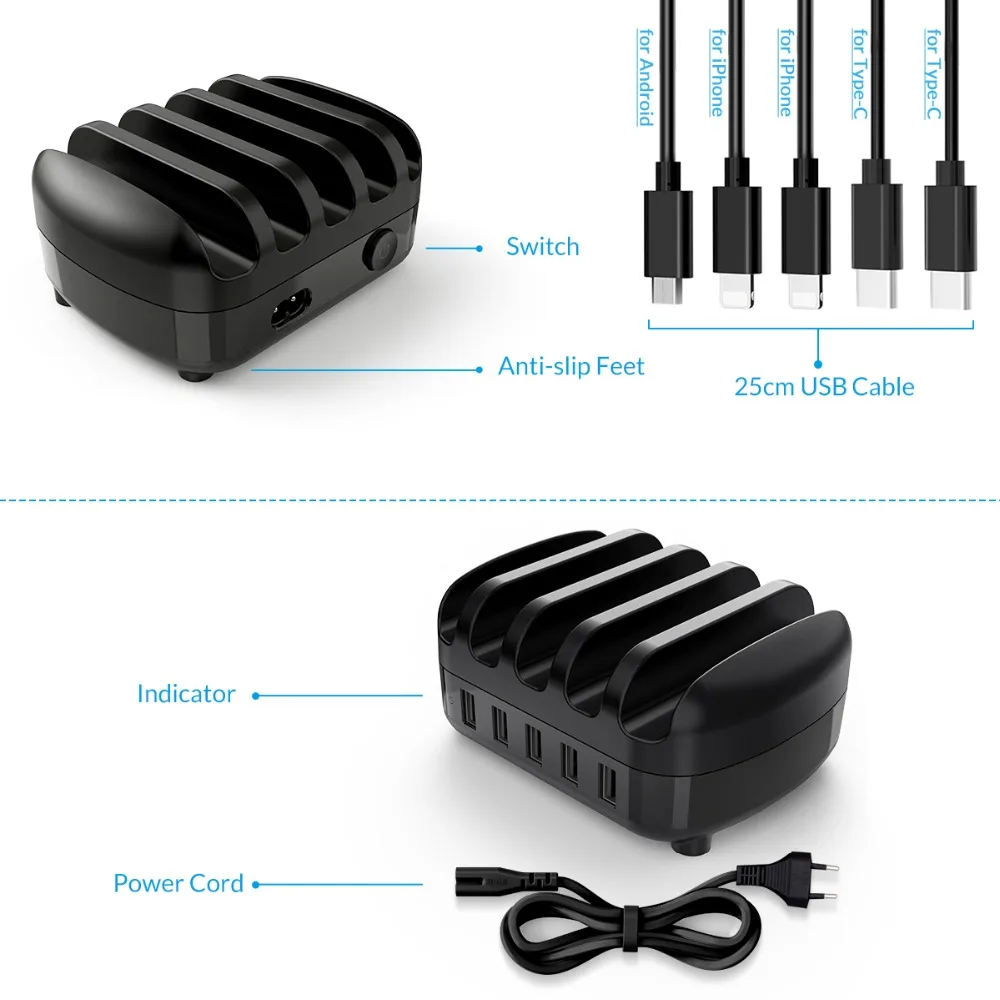 ORICO USB Зарядное устройство Док-станция с держателем 40 Вт 5V2. 4A* 5 usb зарядка бесплатно USB кабель для iphone iPad Kindle Tablet