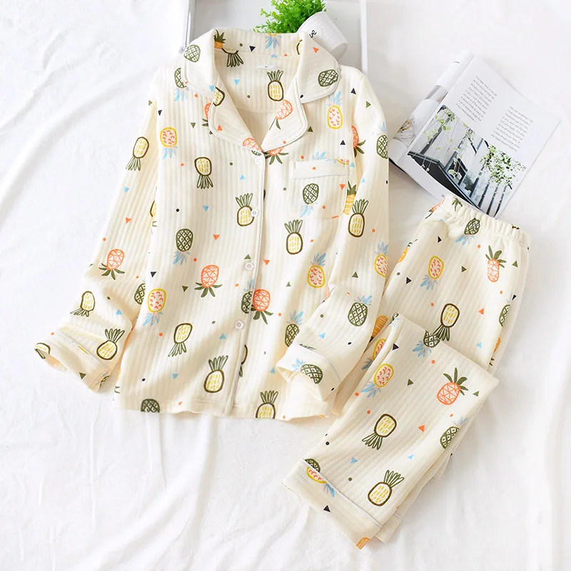 

Winter Thick Air Layer Pajamas 100% Cotton Long Sleeves Pineapple Printing Pyjamas Three-layer Thickened Plus Size Home Clothes