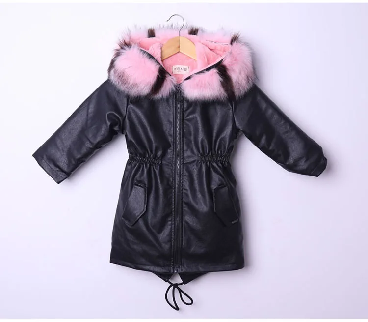 Girl hooded fur Genuine Leather Coat Jacket thick outerwear High Quality Plush+leather warm jacket Winter Kids Clothes Warm Fur