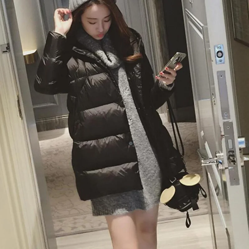 Зимнее пальто для женщин, однотонная верхняя одежда средней длины, стеганая парка Harajuku для снежной погоды, теплый пуховик из толстого хлопка, верхняя одежда размера плюс - Цвет: Черный