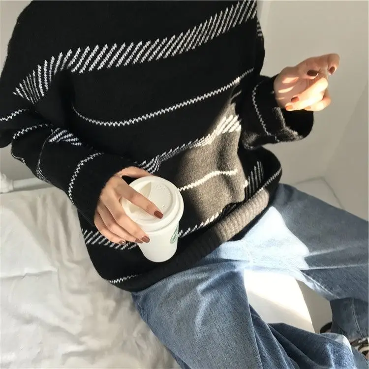 Женский полосатый трикотажный свитер и пуловеры в Корейском стиле, винтажный свитер с высоким воротником, новые осенние и зимние топы