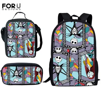 

FORUDESIGNS Newest Students Schoolbags The Nightmare Before Christmas Movie Print Teen Girls Boys School Bag Set Large Backpacks