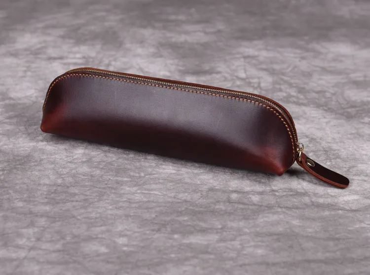 wine red 22cm Creative gift of hand-made Vintage top-grade leather pen pencil case zippered pen bag pen pouch pen holder organizer - Цвет: wine red 22cm