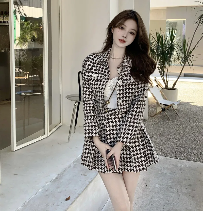 레트로 O 트위드 격자 무늬 재킷, 짧은 긴팔 가디건, 슬림 탑, 미니 하운드투스 플리츠 스커트, 시크한 템퍼러먼트 매칭 세트