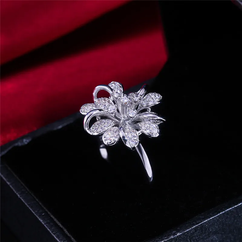 Кристалл Женское большое кольцо с циркониевым цветком роскошное серебряное милое обручальное кольцо винтажное серебрянное кольцо для женщин