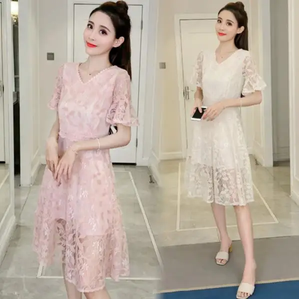 Womens Elegant Long Lace Dress Lady Sexy Hollow Out Pink Blue Flare Sleeve Bodycon Party Female Dress Femme Vestidos LM108