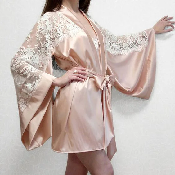 Женская шелковая ночная рубашка с длинным рукавом и поясом | одежда
