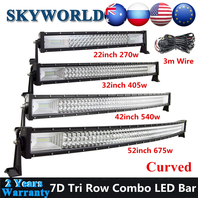 SKYWORLD изогнутые Tri ряд Светодиодный Бар Offroad 22 32 42 52 дюймов комбинированного луча