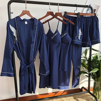 

Crane Embroidery NightdressSummer 5pcs Lady Navy Blue Kimono Gown Nightwear Casual Sleepwear Bride Bridesmaid Wedding Robe