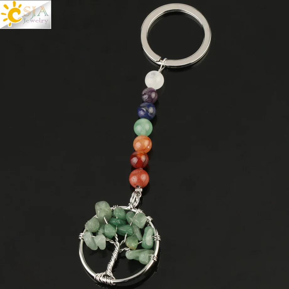 Green Aventurine CSJA натуральный камень 7 Чакра брелок энергетическая Йога рейки Древо жизни кулон держатель для ключей для женщин Аксессуары Ювелирные изделия Подарки G312 - Цвет: Green Aventurine