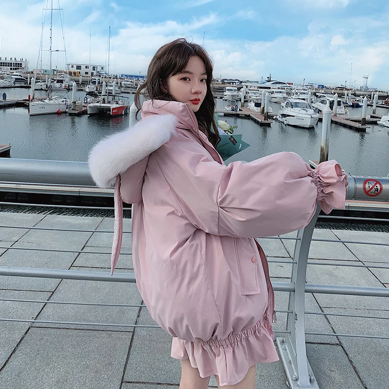 

Photo Shoot Pink Cotton-padded Clothes Women's Mid-length 2019 Winter New Style CHIC Korean-style Fashion Hooded Cotton Coat Gir