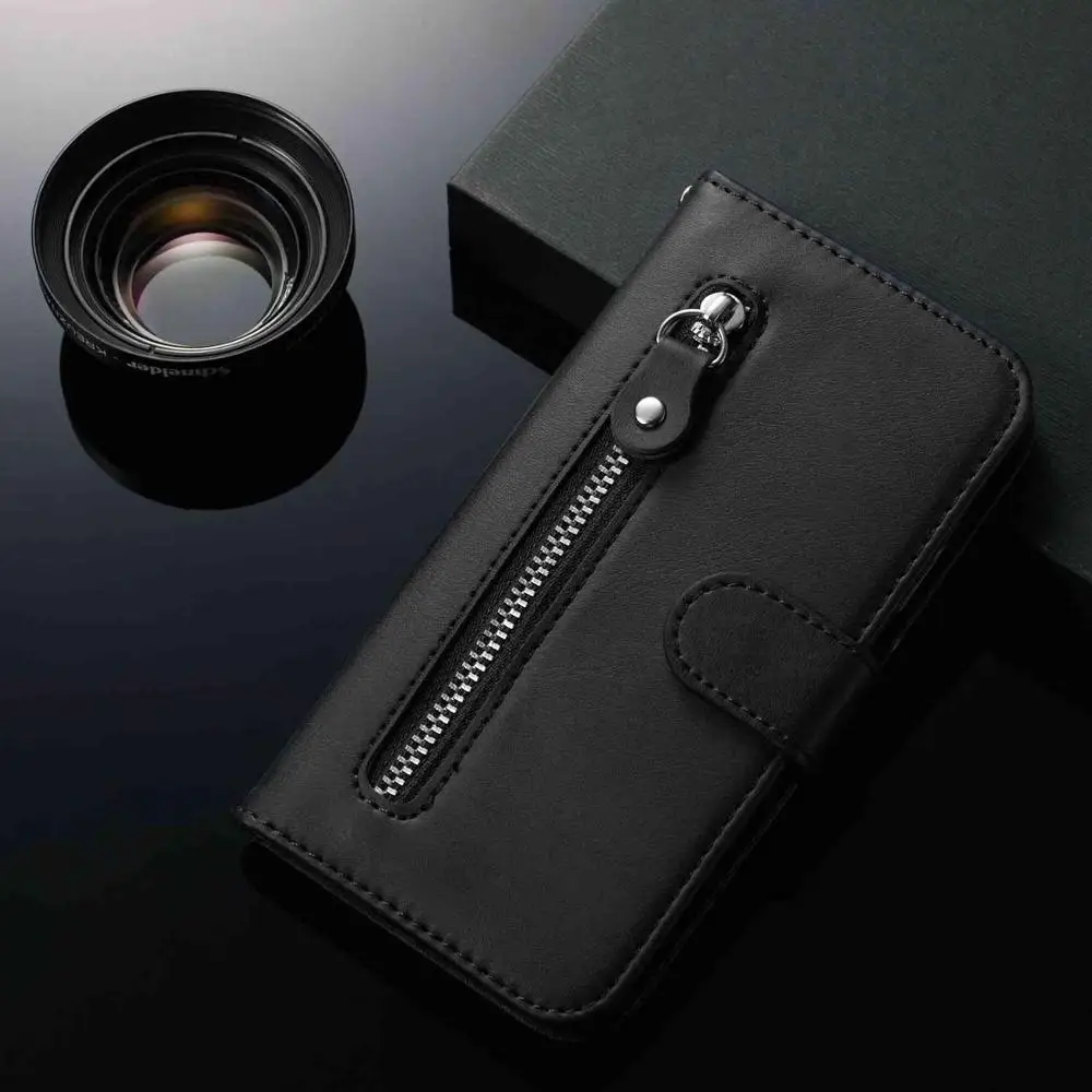 Кожаный чехол-кошелек на молнии для iPhone 6, 6s, 7, 8 Plus, X, XS, 11 Pro, Max, 7 plus, 8 plus, слот для карт, откидной Чехол, Роскошный чехол - Цвет: Черный