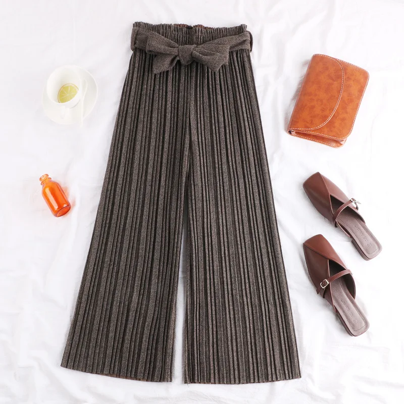 Comprar Pantalones de lana plisados de cintura alta de invierno para mujer 2019 sólidos pantalones de pierna ancha para mujer pantalones Capris para otoño